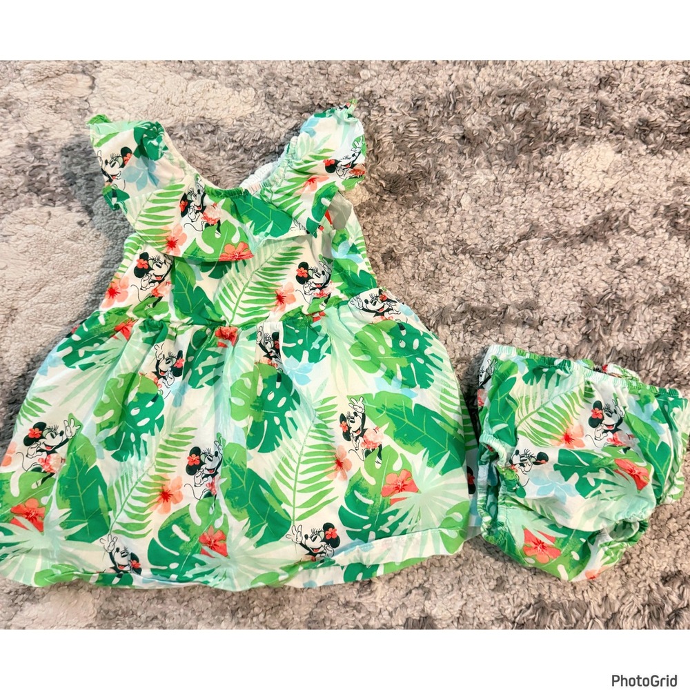 Disney Baby Minnie Mouse Green Tropical Sun Dress Diaper Cover Size 9-12 months
